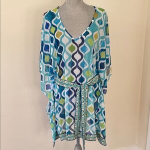 Trina Turk Colorful Geometric Pattern Tie Waist Tunic Swim Cover Up Small
